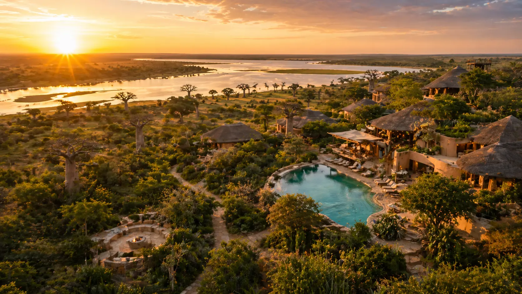 Piscine et terrasses du lodge ouvertes sur la nature